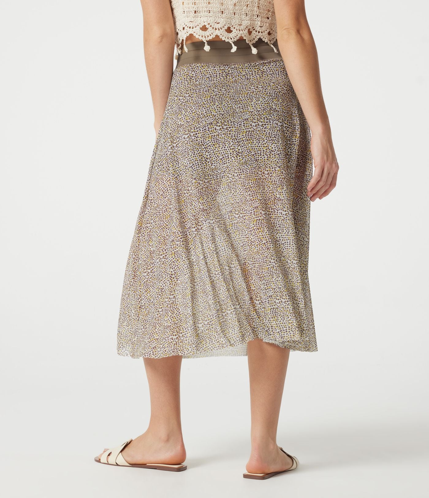 Jupe midi évasée fluide 2-en-1 taille haute imprimé léopard, cordon de serrage et empiècements en maille contrastée, avec poches