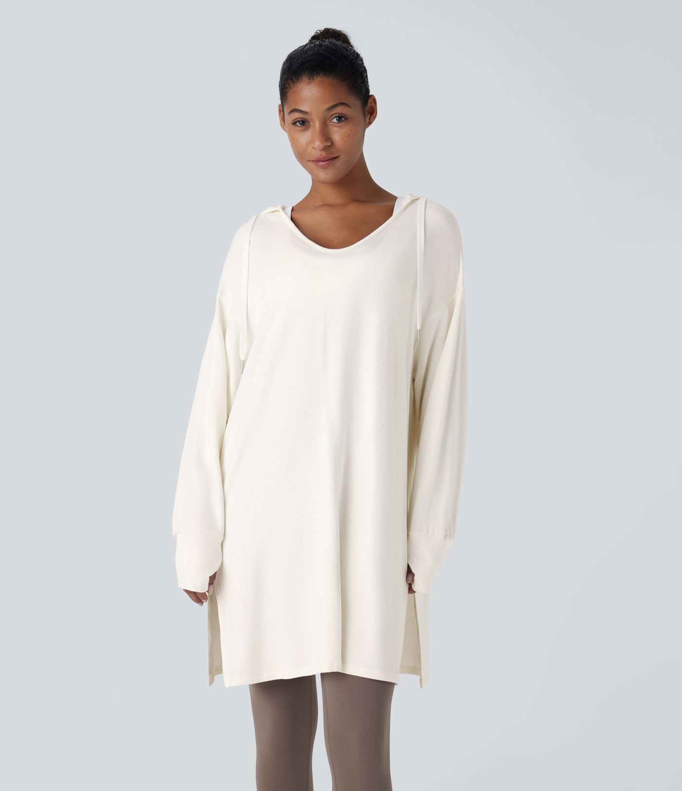 Sweatshirt Casual à Capuche Encolure en V Cordon de Serrage Trou pour le Pouce Fente et Coupe Longue