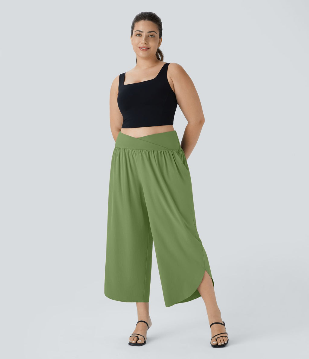 Breezeful™ Pantalon de Vacances Grande Taille Taille Haute avec Découpe Croisée Plissé Poche Latérale Fente et Séchage Rapide
