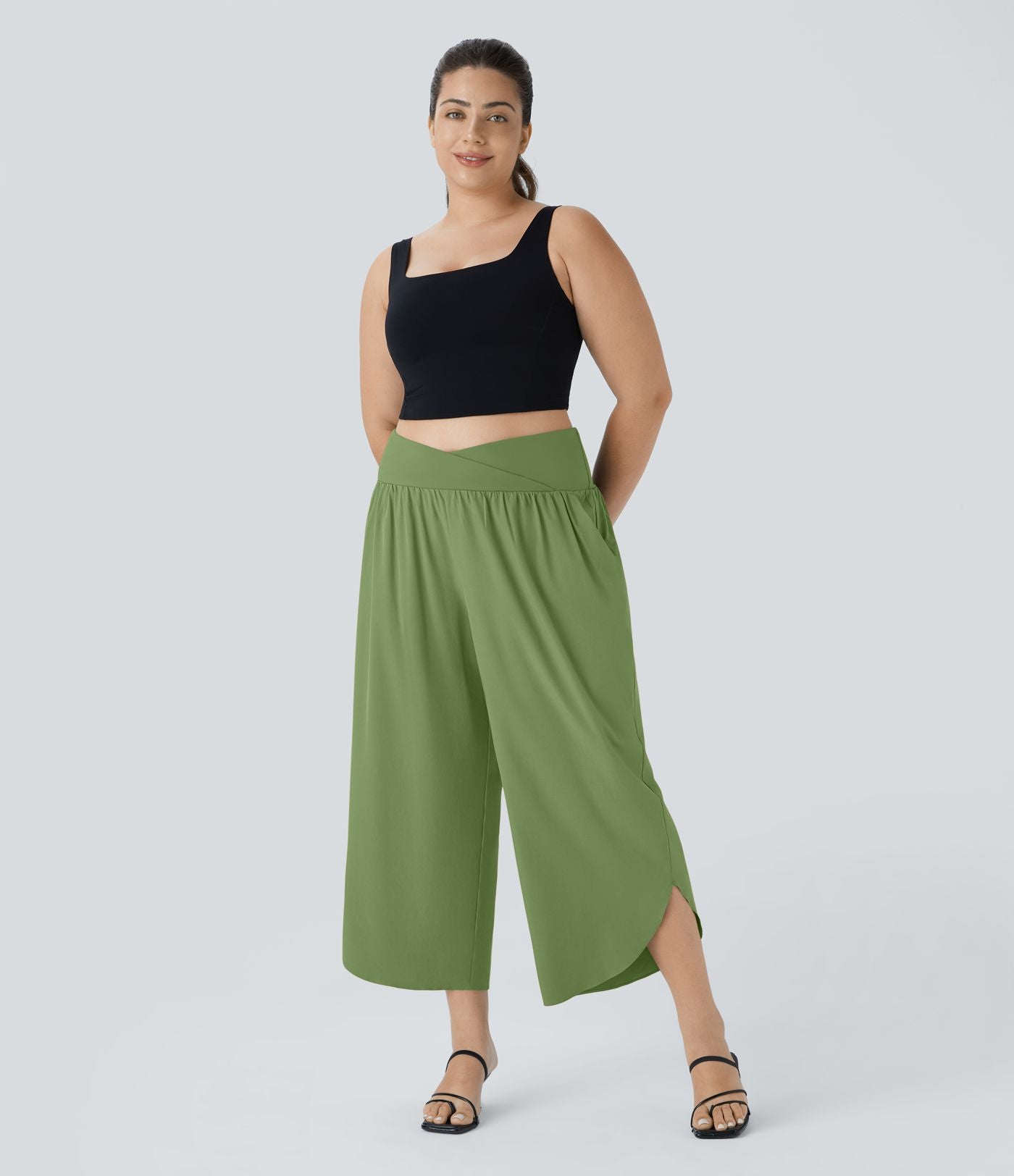 Breezeful™ Pantalon de Vacances Grande Taille Taille Haute avec Découpe Croisée Plissé Poche Latérale Fente et Séchage Rapide