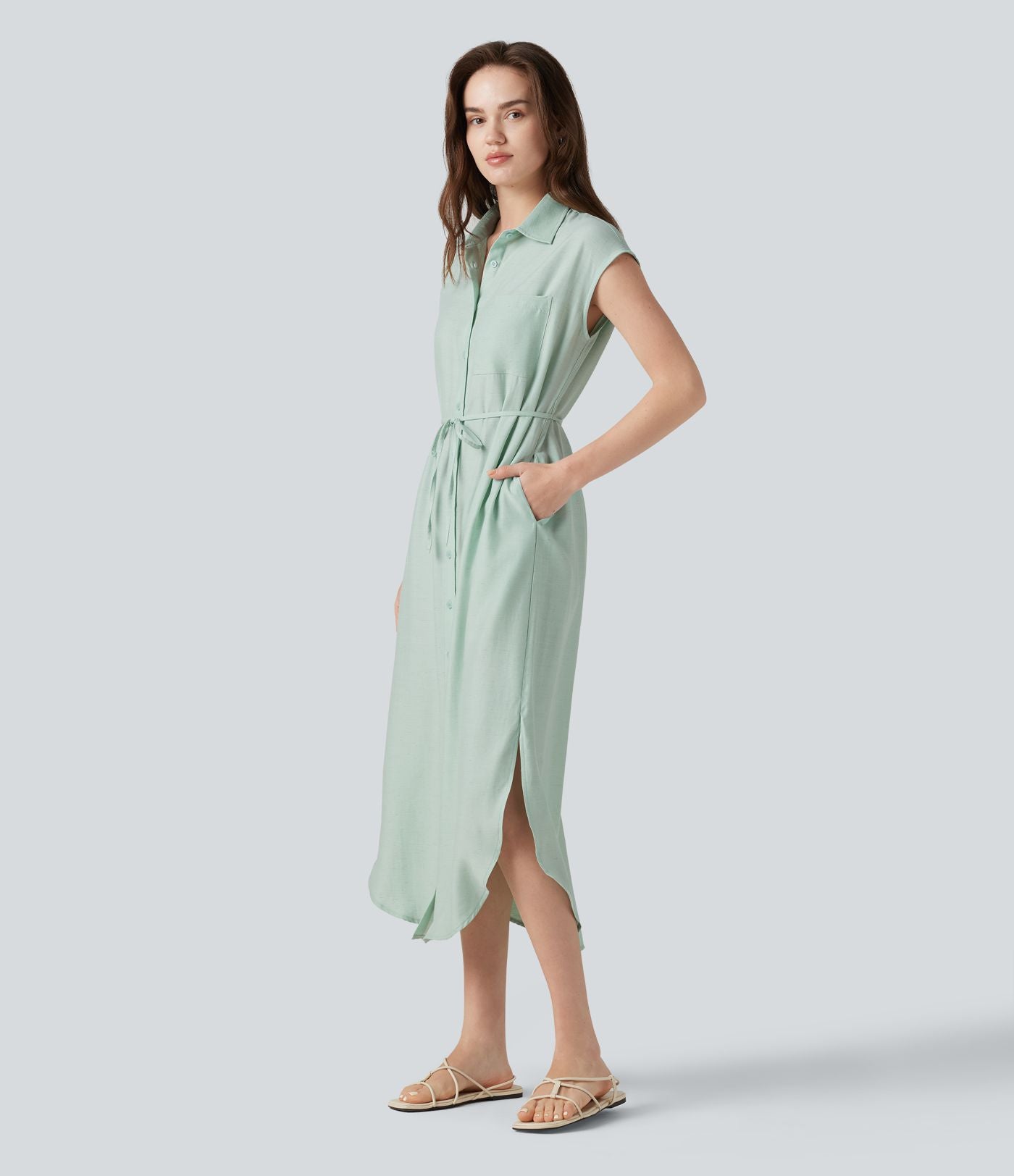 Robe chemise midi décontractée en mélange de lin, col classique, manches cape, ceinturée, ourlet arrondi fendu avec poches