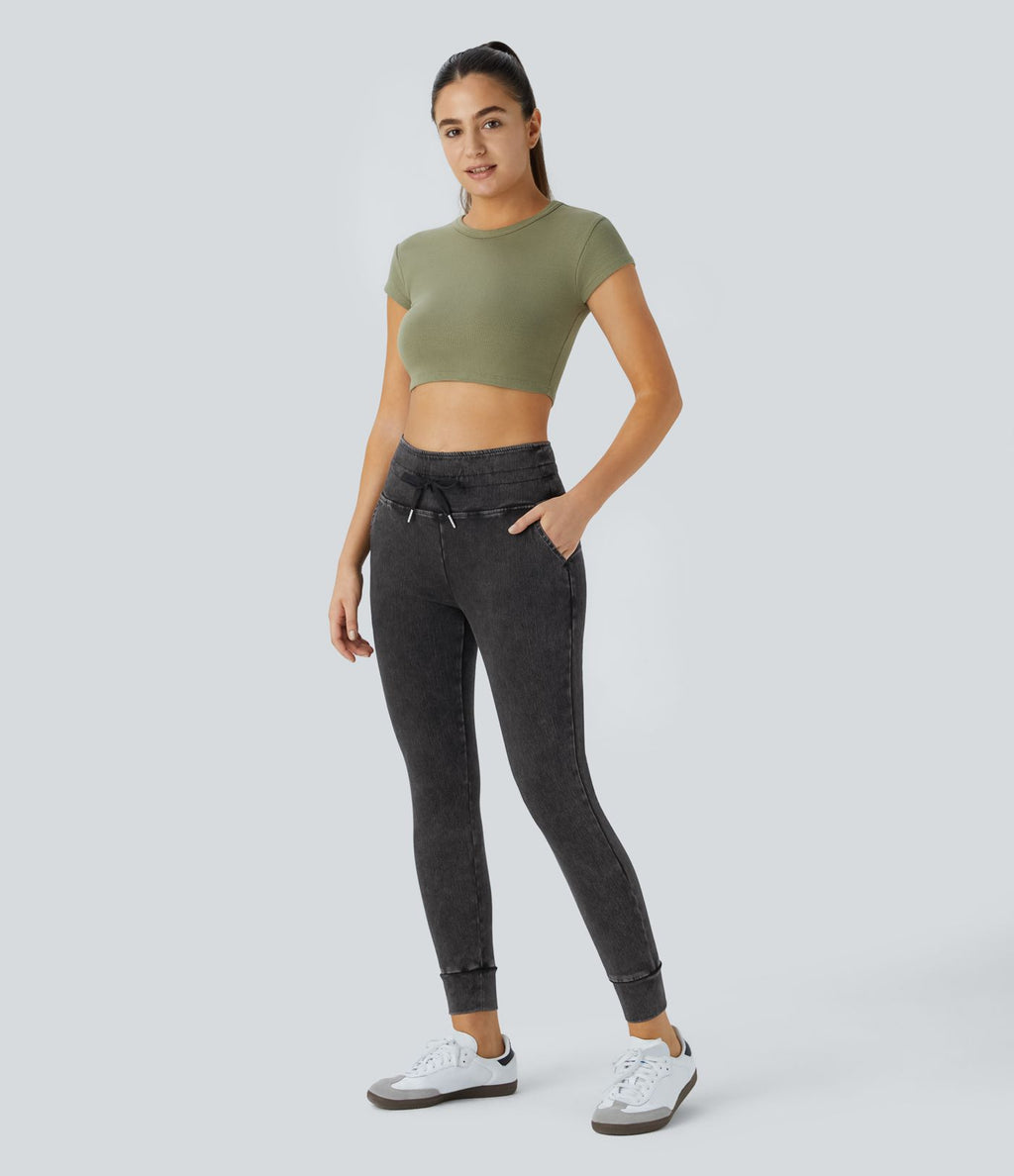 Halara Flex™ Jean Casual Taille Haute avec Cordon de Serrage et Poches Latérales en Tricot Extensible Lavé