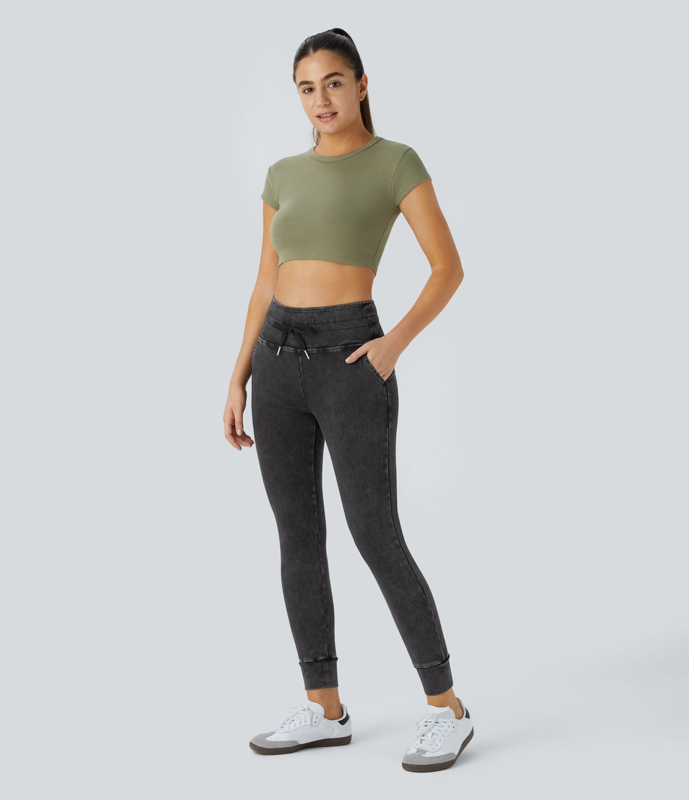 Halara Flex™ Jean Casual Taille Haute avec Cordon de Serrage et Poches Latérales en Tricot Extensible Lavé