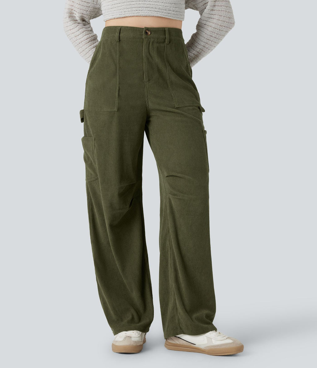Pantalon décontracté droit en velours côtelé, taille haute, avec poches