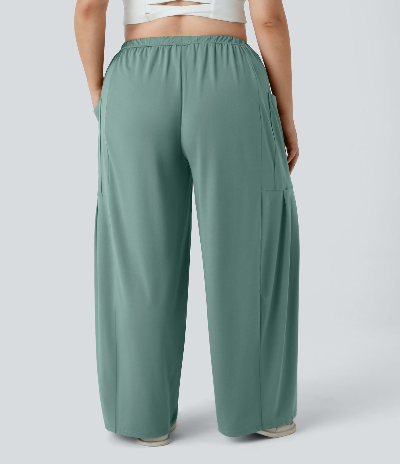 Pantalon Large Casual Taille Mi-Haute Taille Élastique Cordon Poches Latérales Ourlet Flottant Grande Taille