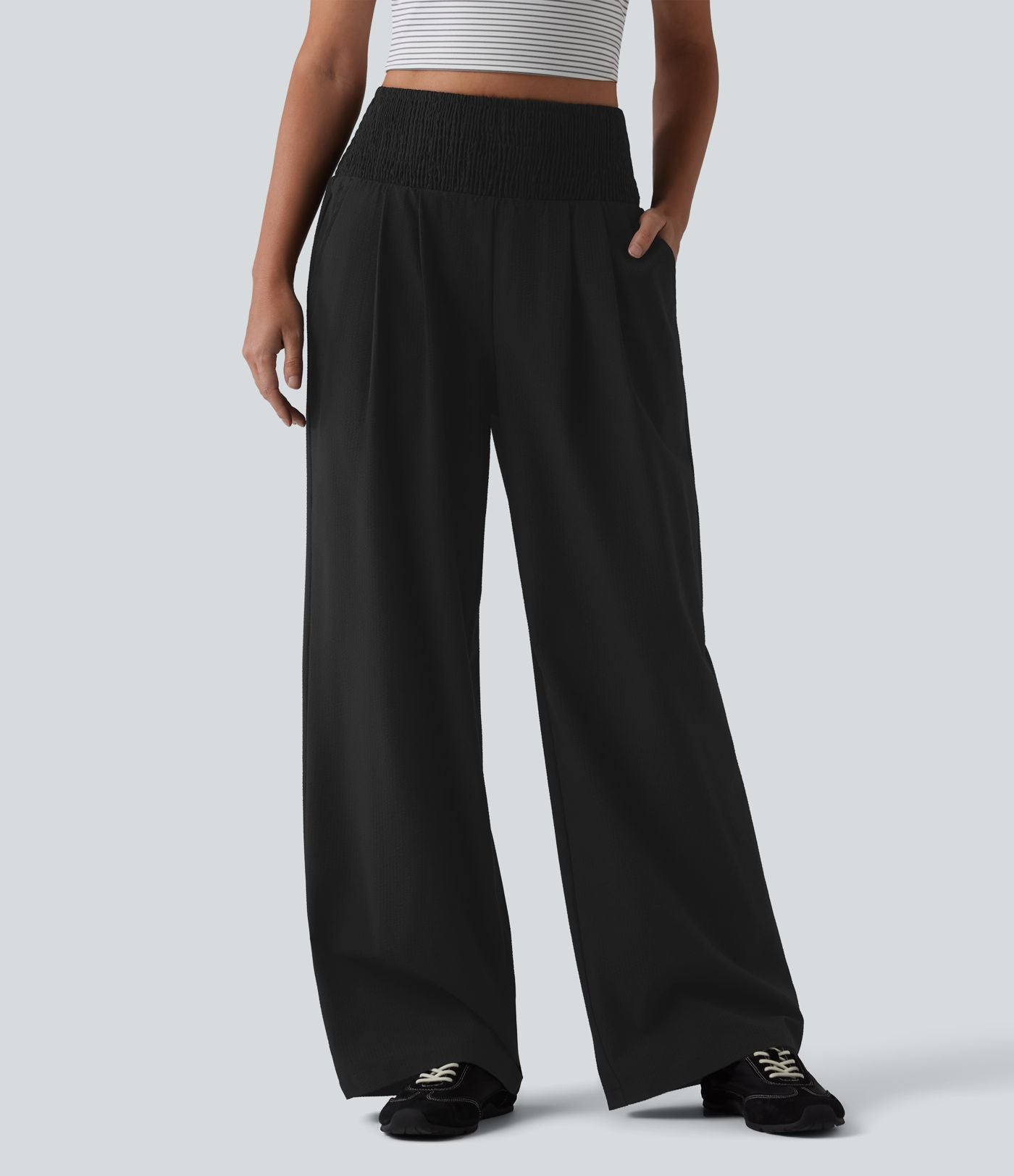 Pantalon large taille haute en tissu froissé froncé séchage rapide avec poches