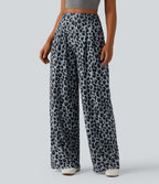 Pantalon large décontracté taille haute imprimé léopard en tissu gaufré avec poches