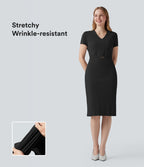 Robe de travail mi-longue anti-froissage à col V et manches courtes