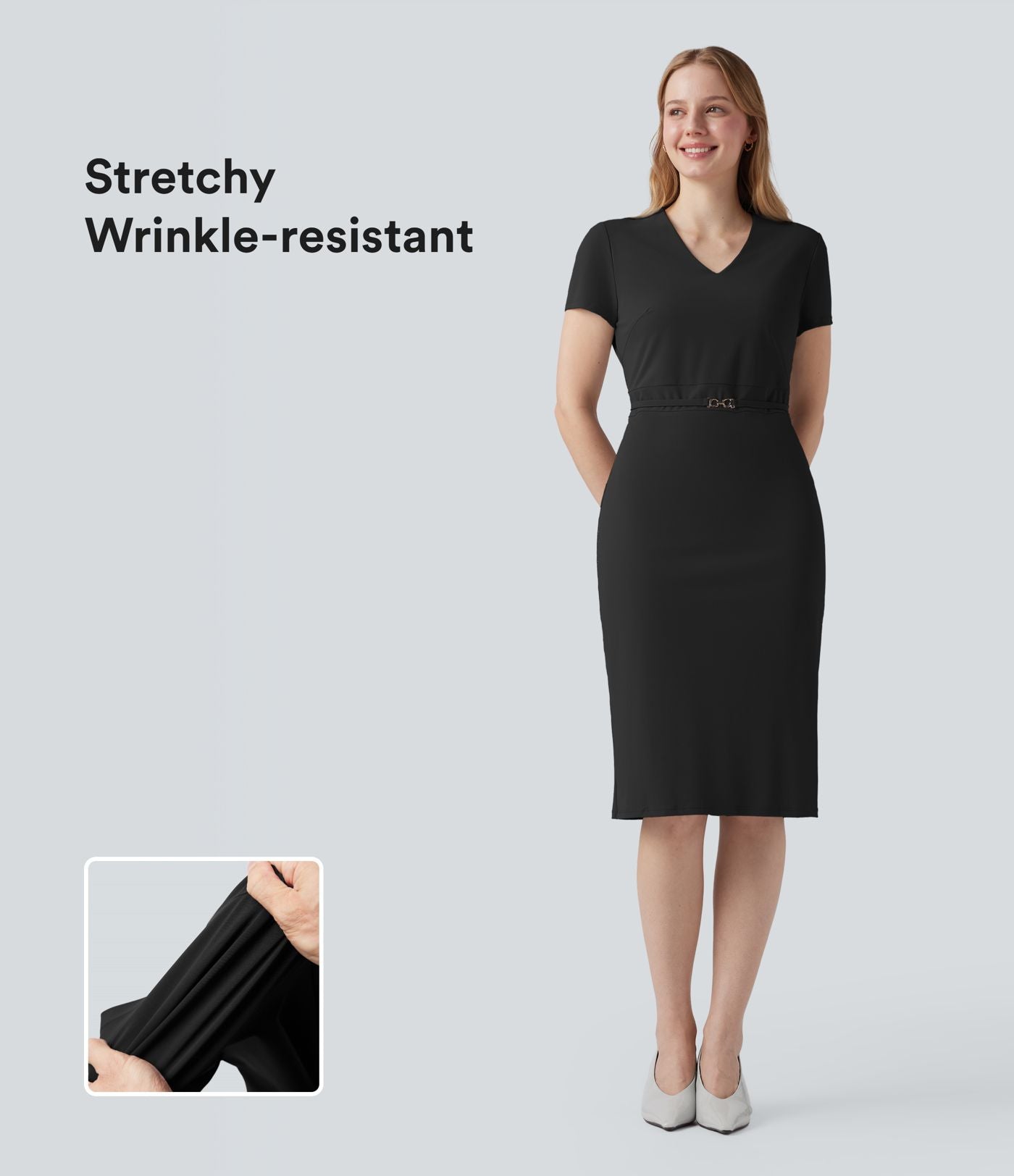 Robe de travail mi-longue anti-froissage à col V et manches courtes