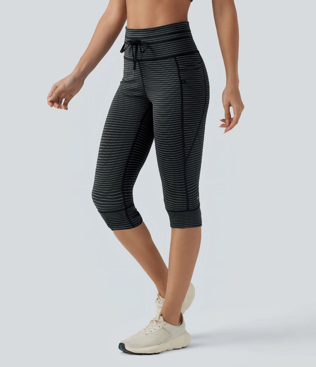 Legging 3/4 de yoga taille haute à rayures avec cordon de serrage et poches