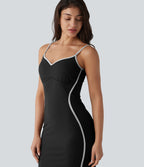 Robe nuisette casual midi côtelée color block à décolleté cœur avec coussinets intégrés non amovibles