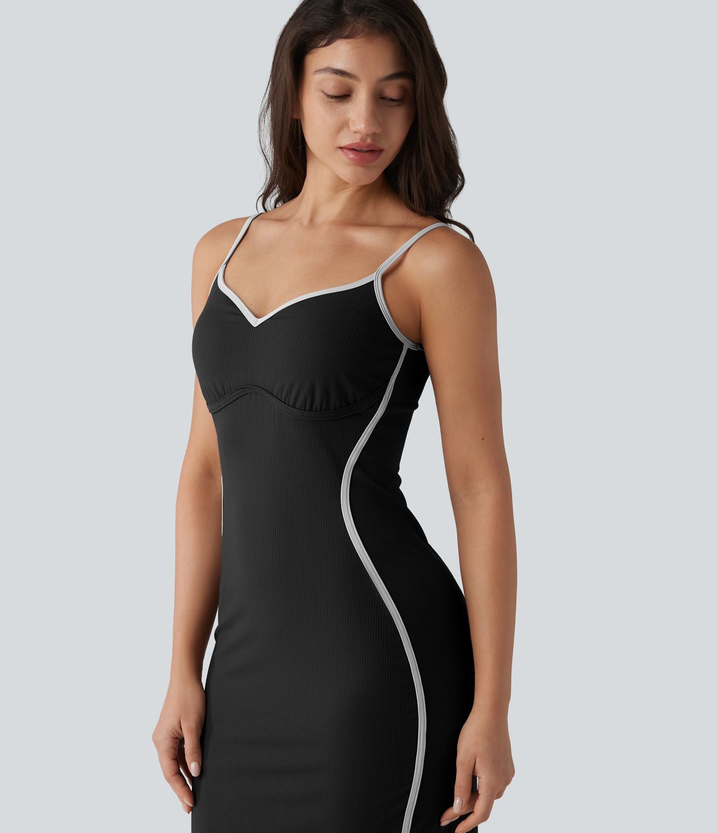 Robe nuisette casual midi côtelée color block à décolleté cœur avec coussinets intégrés non amovibles
