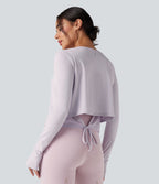 Top de sport yoga col rond manches longues mesh contrastant à découpes liens dans le dos avec trous pouces