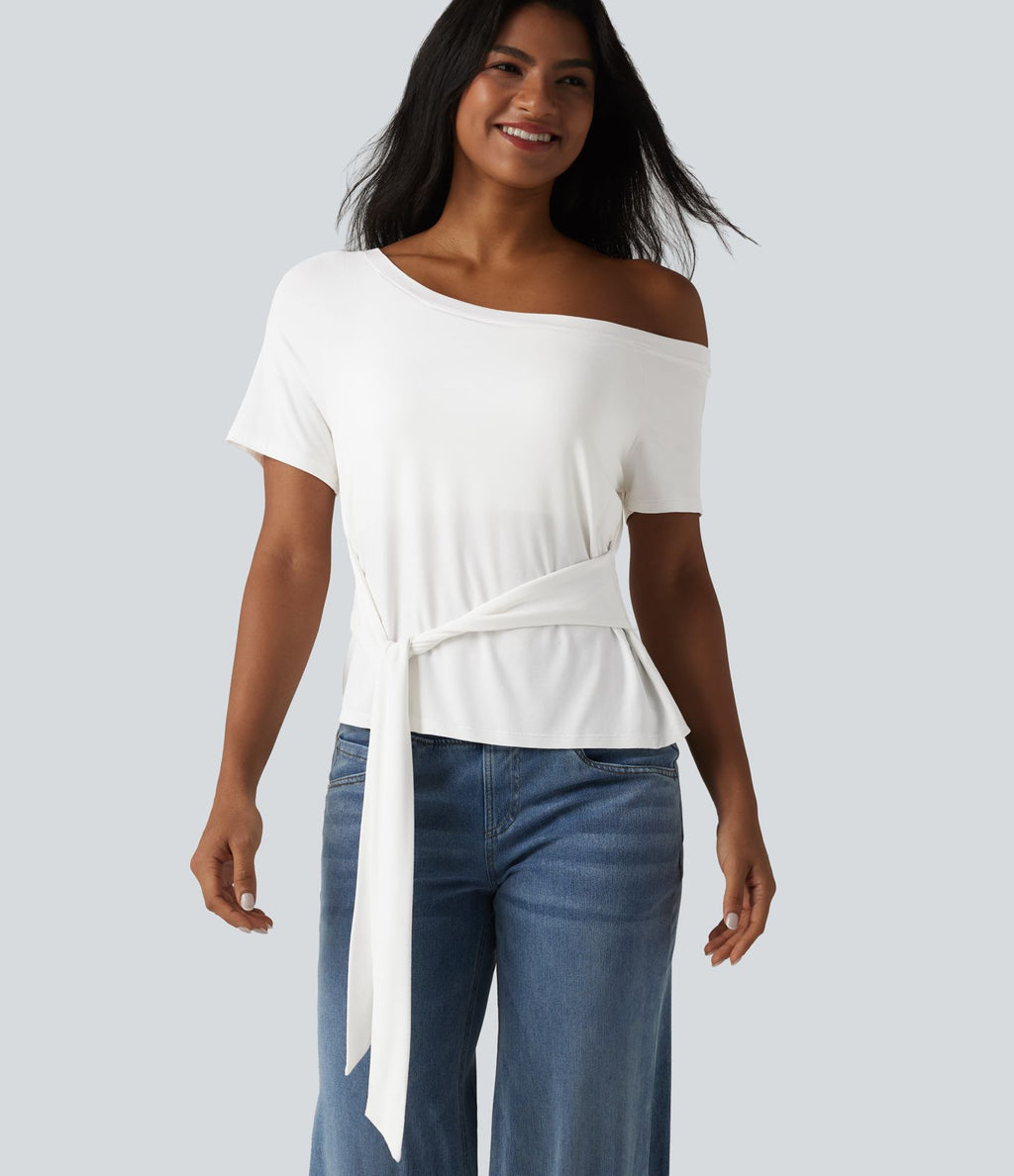 T-shirt décontracté asymétrique manches courtes soutien-gorge intégré nœud devant