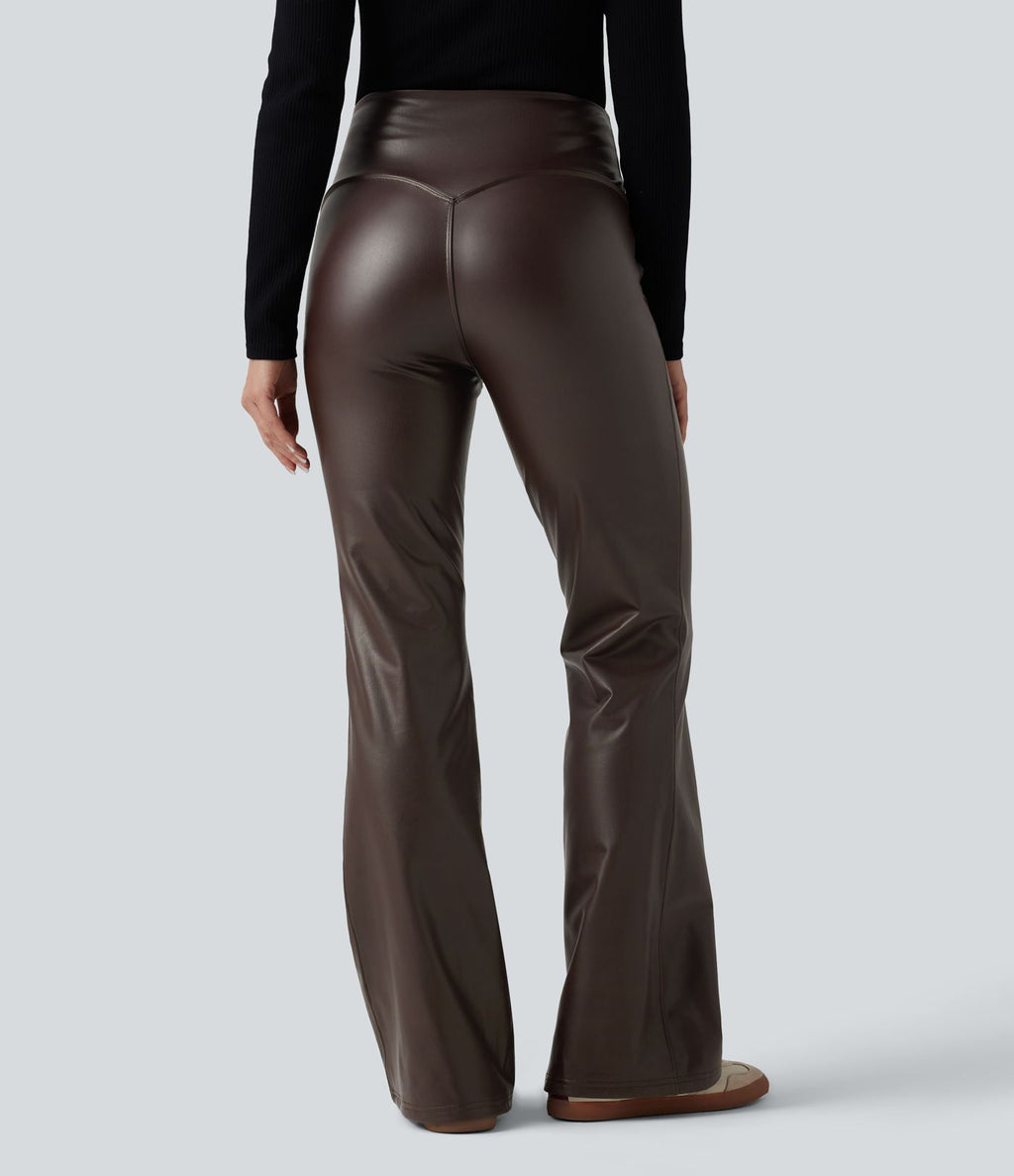 Pantalon évasé décontracté taille haute gainant en molleton PU extensible avec poches