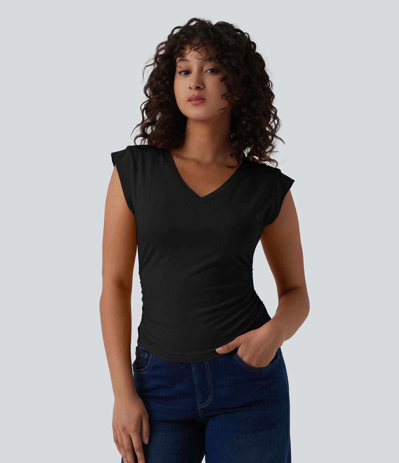 T-shirt décontracté col V manches courtes ourlet arrondi froncé