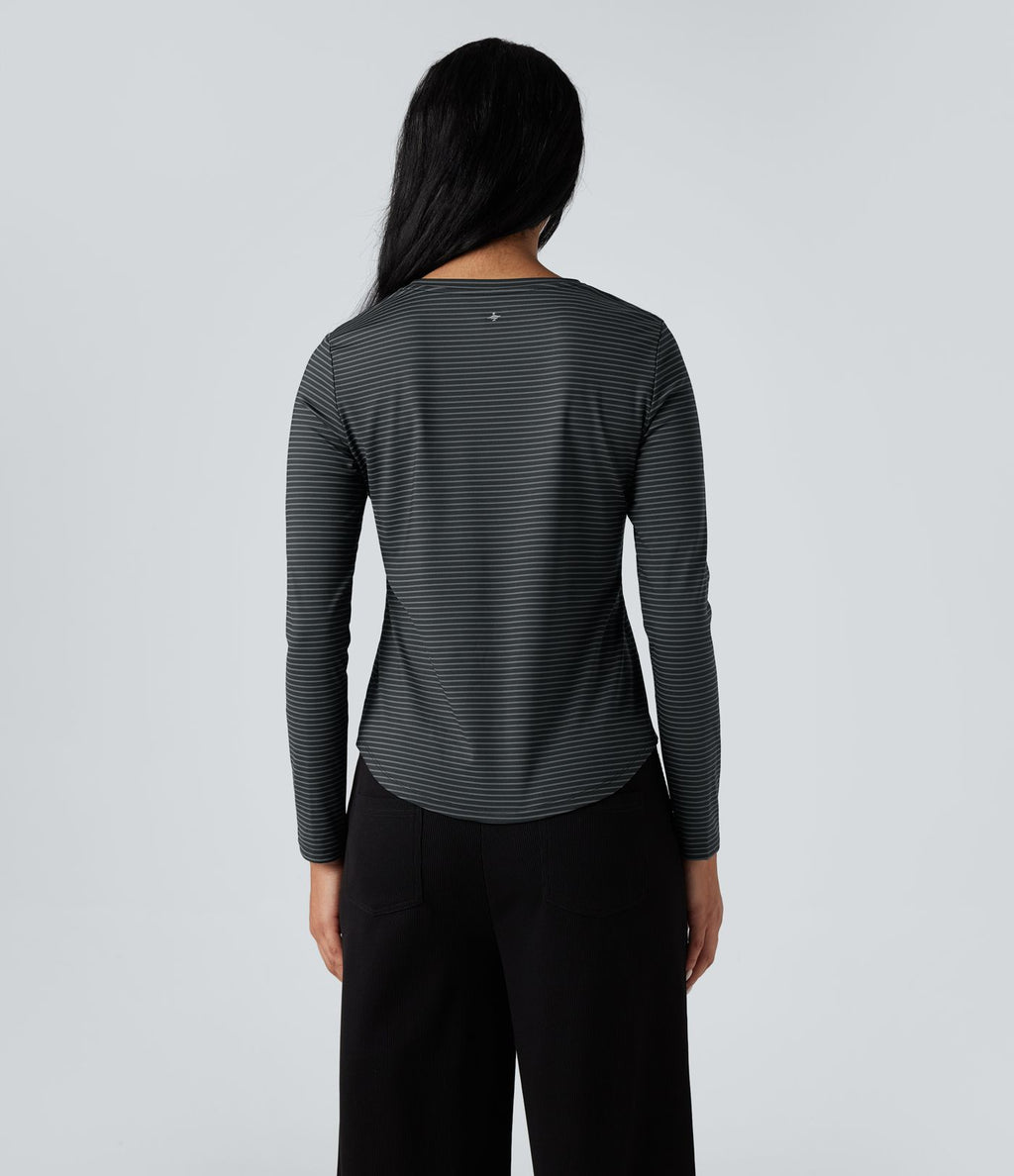 Top de sport yoga rayé ourlet arrondi col rond manches longues