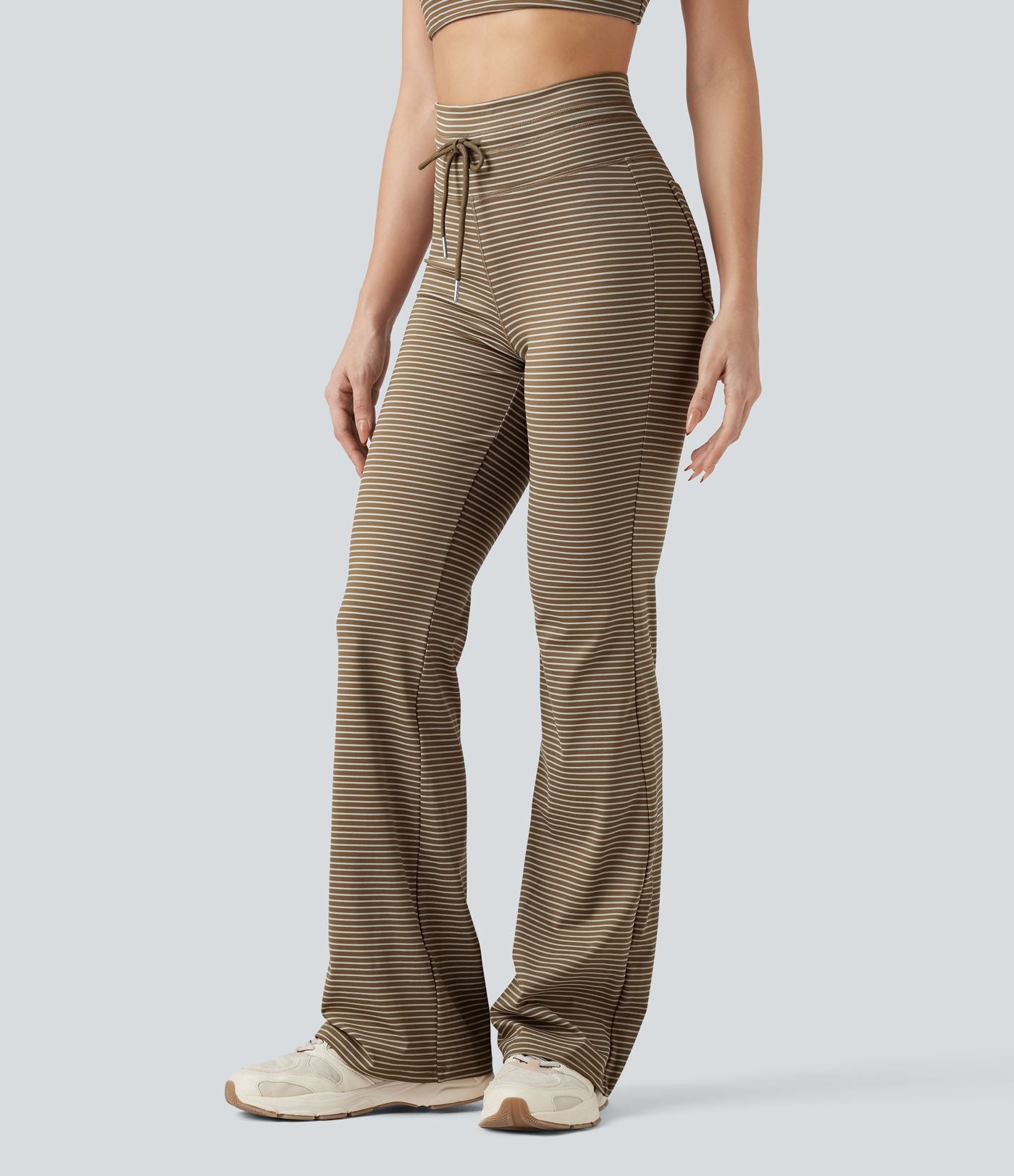 Pantalon de yoga évasé à rayures, taille haute, cordon et poches