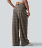 Pantalon large taille haute à carreaux pied-de-poule avec poches