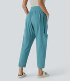 Pantalon Harem Casuak à Taille Mi-Haute avec Liens sur le Côté et Multiples Poches