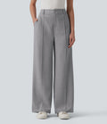 Pantalon tailleur droit taille haute aspect lin avec poches