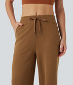 Pantalon jogging décontracté ample micro-gaufré taille mi-haute avec cordon de serrage et poches