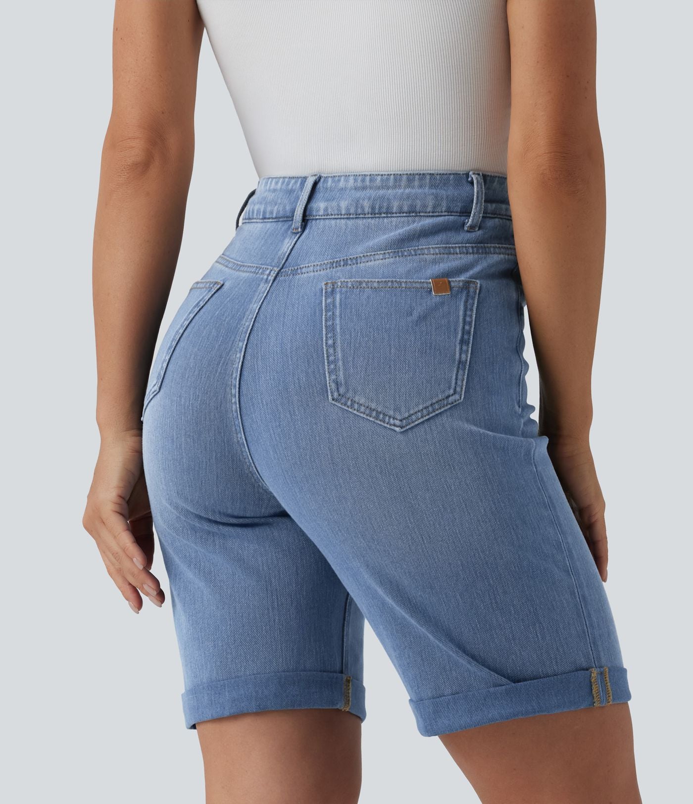 Short en jean Halara Flex™ taille haute gainant délavé à ourlet roulotté décontracté avec poches