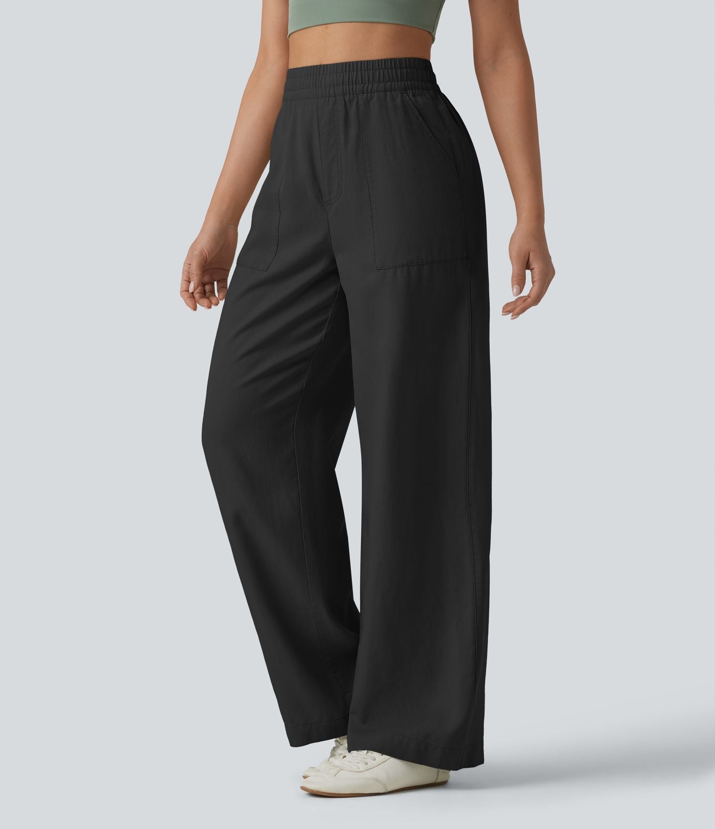 Pantalon large fluide décontracté taille haute en lyocell et lin mélangé avec cordon de serrage intérieur et poches