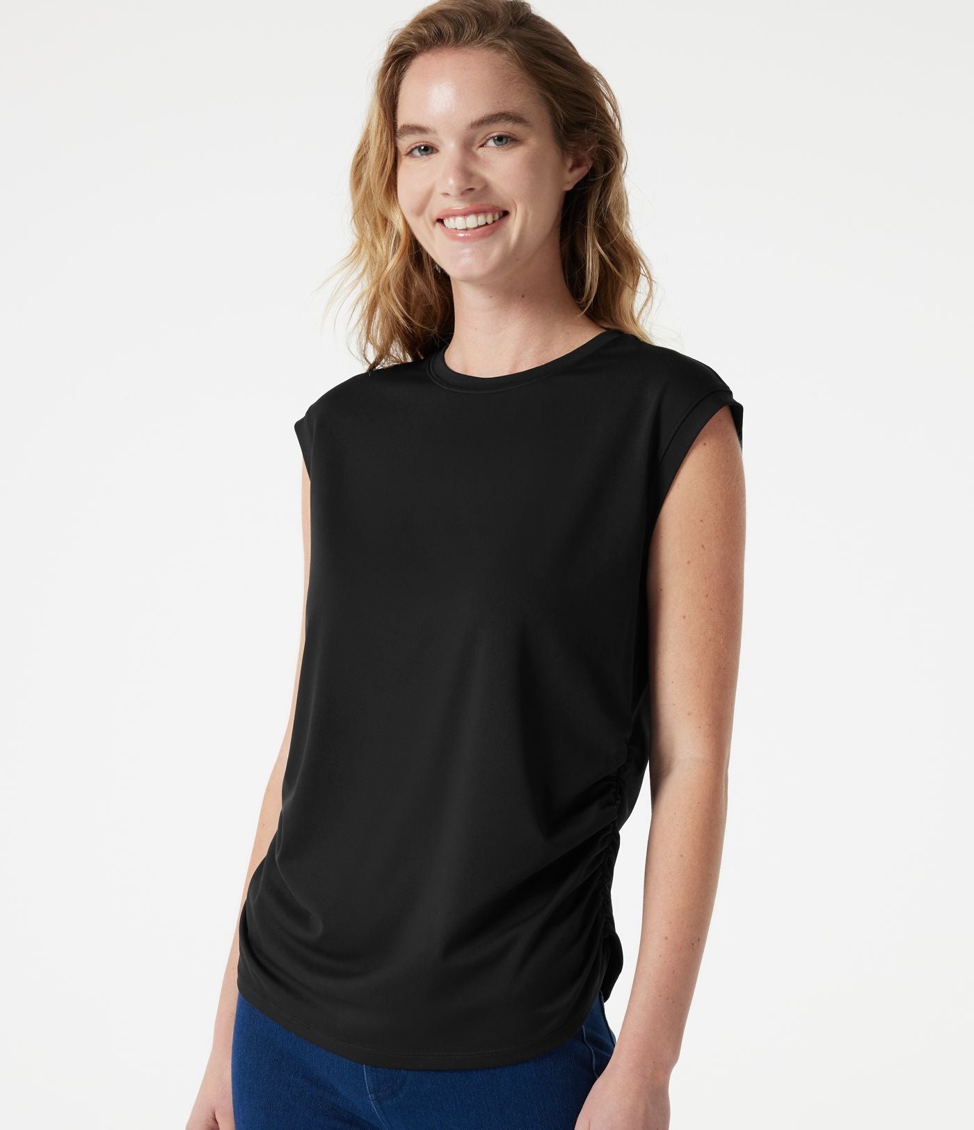 T-shirt casual froncé à col rond et manches courtes