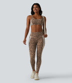 Legging 7/8 d'entraînement Halara UltraSculpt™ imprimé léopard, taille haute, ventre plat, push-up, rayures color block avec poches
