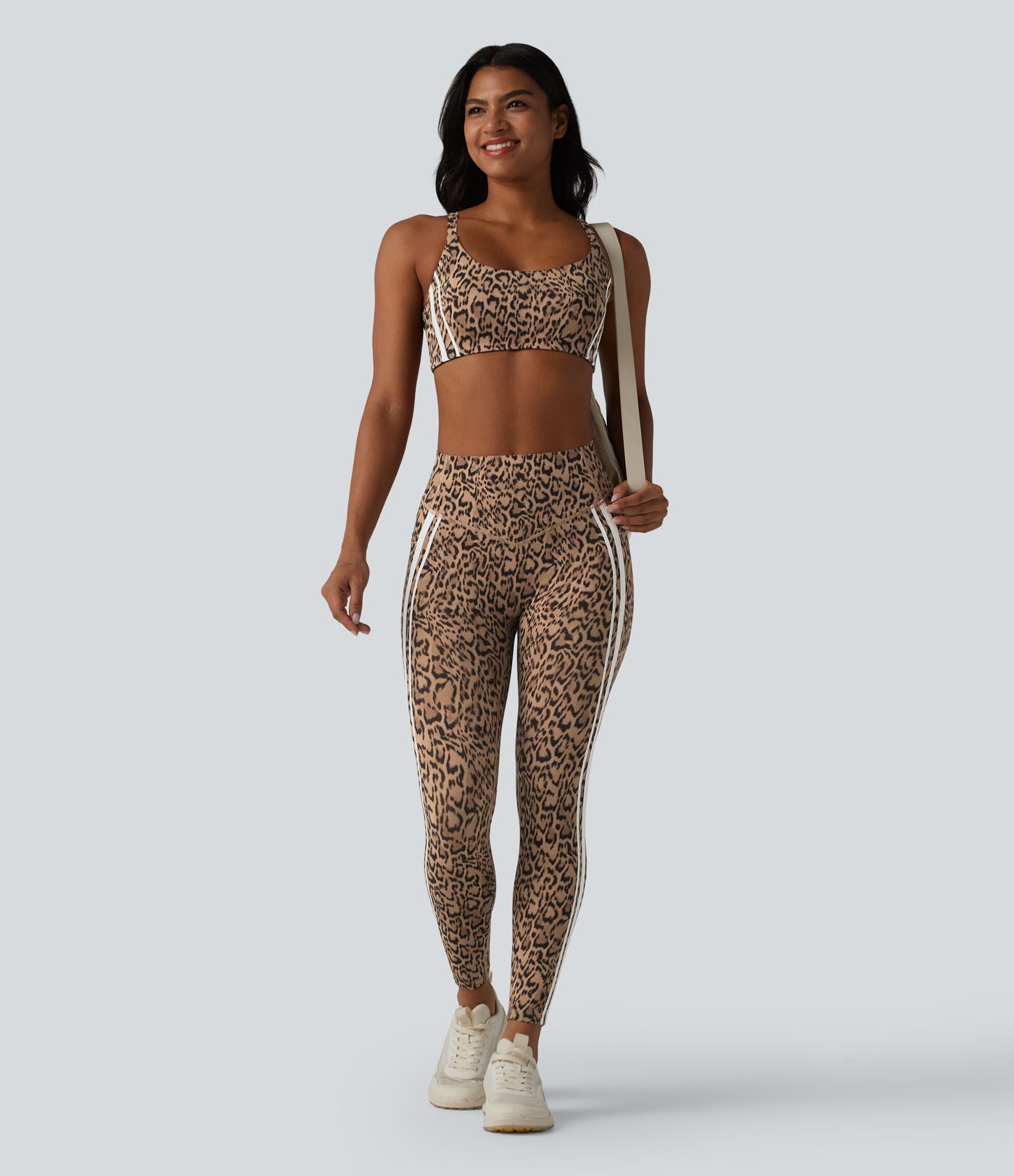 Legging 7/8 d'entraînement Halara UltraSculpt™ imprimé léopard, taille haute, ventre plat, push-up, rayures color block avec poches