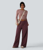 Pantalon ample décontracté taille basse croisée avec poches