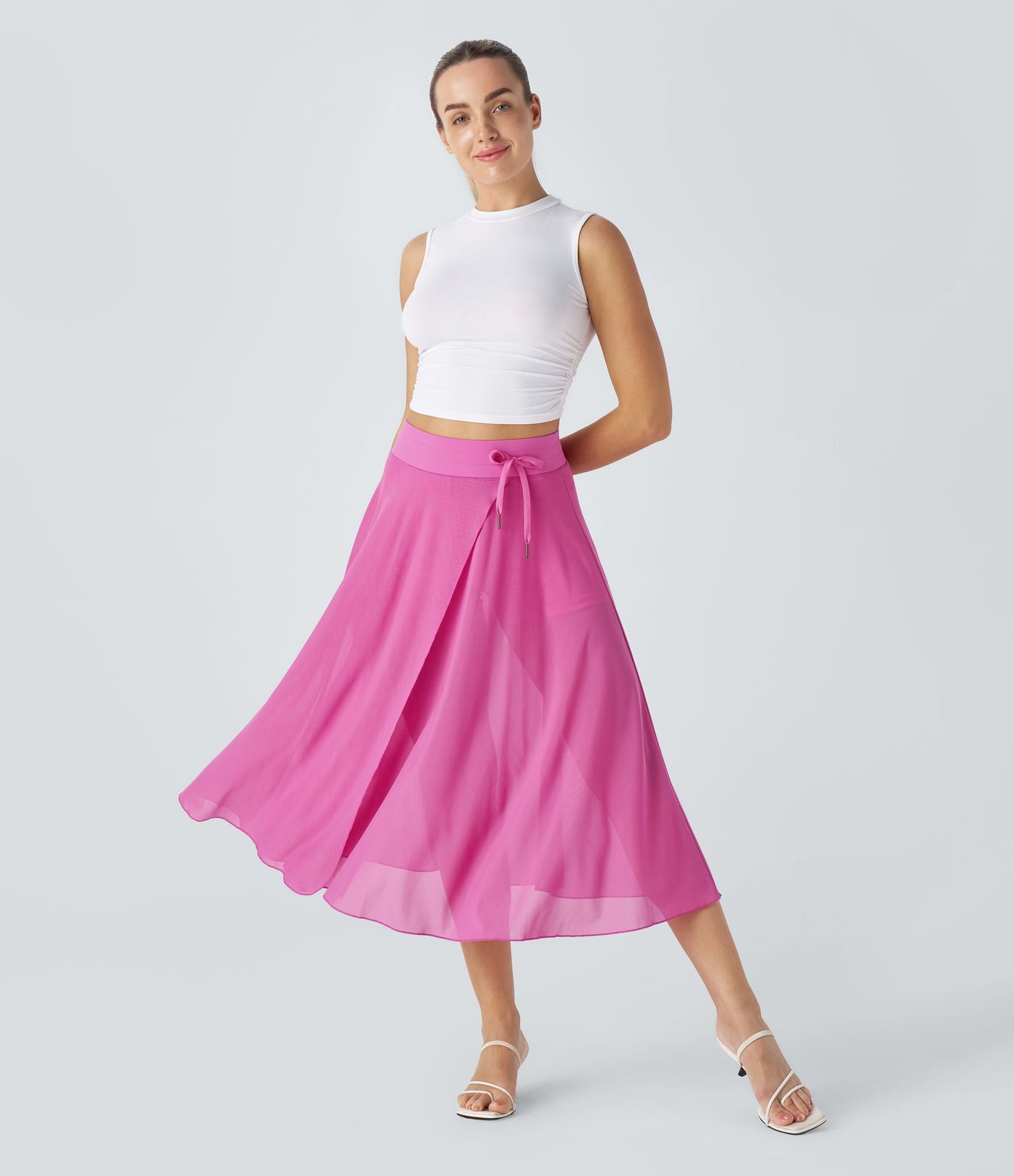 Jupe Casual Évasée Mesh Mi-Longue Fuide 2 en 1 Contrastée Taille Haute Cordon Poche Latérale