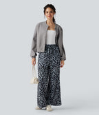 Pantalon large et fluide à imprimé léopard, taille haute avec cordon de serrage et poches latérales
