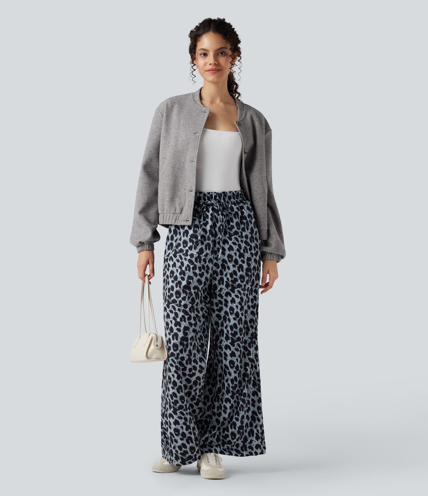 Pantalon large et fluide à imprimé léopard, taille haute avec cordon de serrage et poches latérales