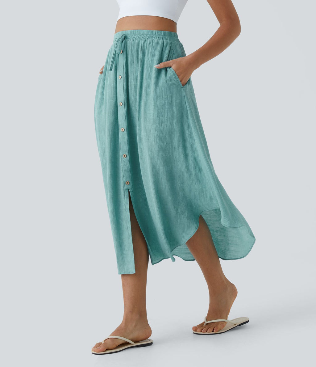 Jupe Midi Fluide Taille Haute Cordon de Serrage Boutonnés Poches Latérales