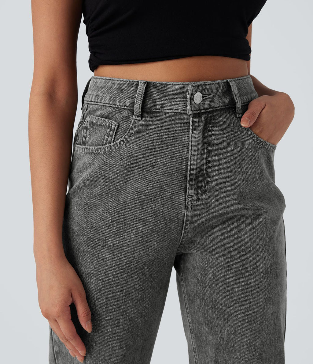 Halara Flex™ Jean droit extensible à taille haute avec bouton, fermeture éclair et poches multiples