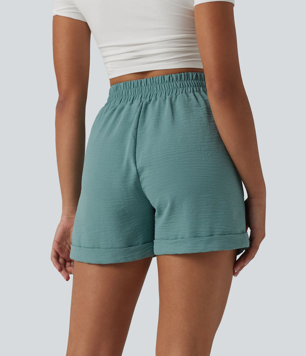Short détente effet lin taille haute, entrejambe 10cm avec poches