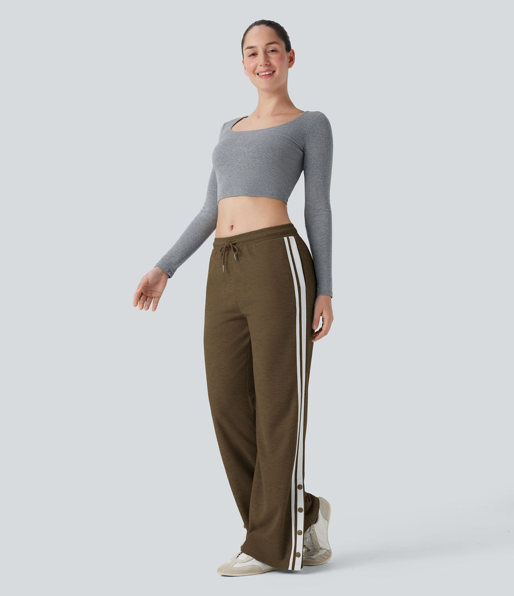 Pantalon jogging décontracté large taille basse à cordon en gaufre à blocs de couleurs avec boutons-pression fendus et poches