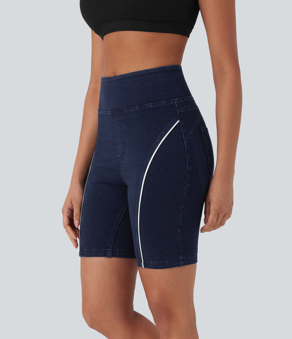 Short casual denim Halara Flex™ tricot extensible taille haute effet push-up froncé avec poches