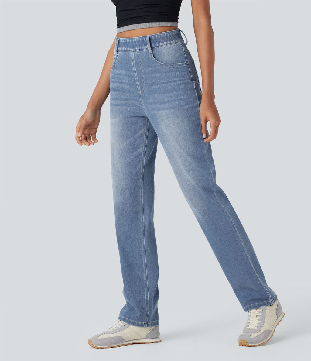 Halara Flex™ Jean casual délavé jambe droite taille haute gainant avec poches