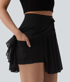 Jupe mini fluide évasée 2-en-1 taille haute à cordon, empiècements en mesh contrastant, avec poche, version plus longue