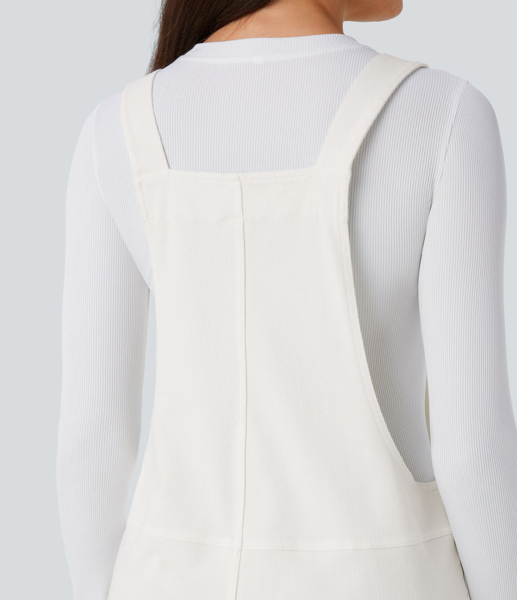 Salopette décontractée Halara Flex™ en denim extensible délavé, col V et poches latérales