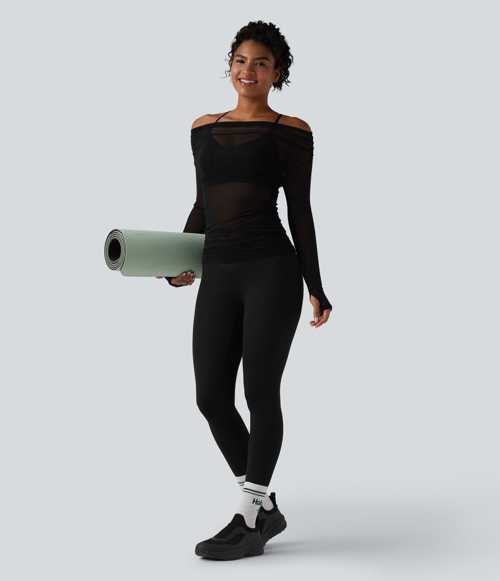 Haut de yoga asymétrique manches longues mesh avec ouverture pouce