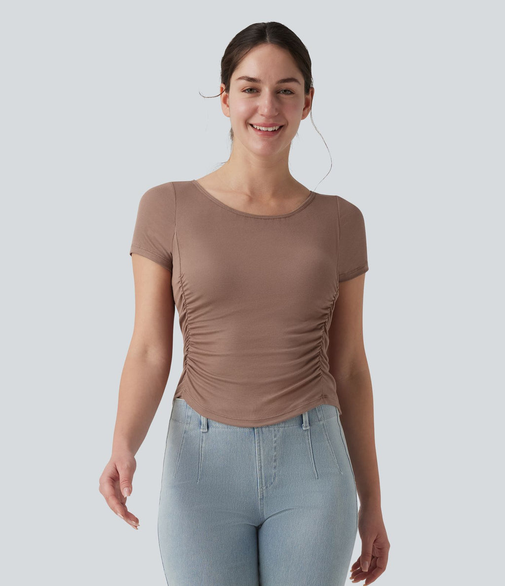 T-shirt casual ajusté côtelé col bateau manches courtes avec fronces et brassière intégrée