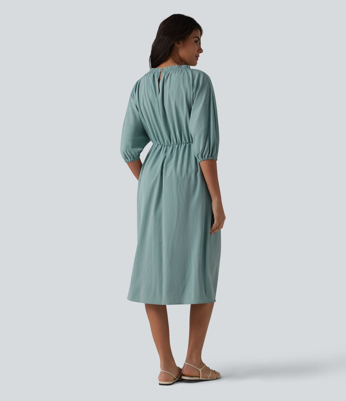 Robe midi casual col V à manches trois-quarts aspect lin, avec poches