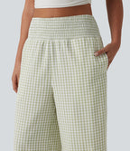 Pantalon large casual taille haute froncé à carreaux vichy avec poches