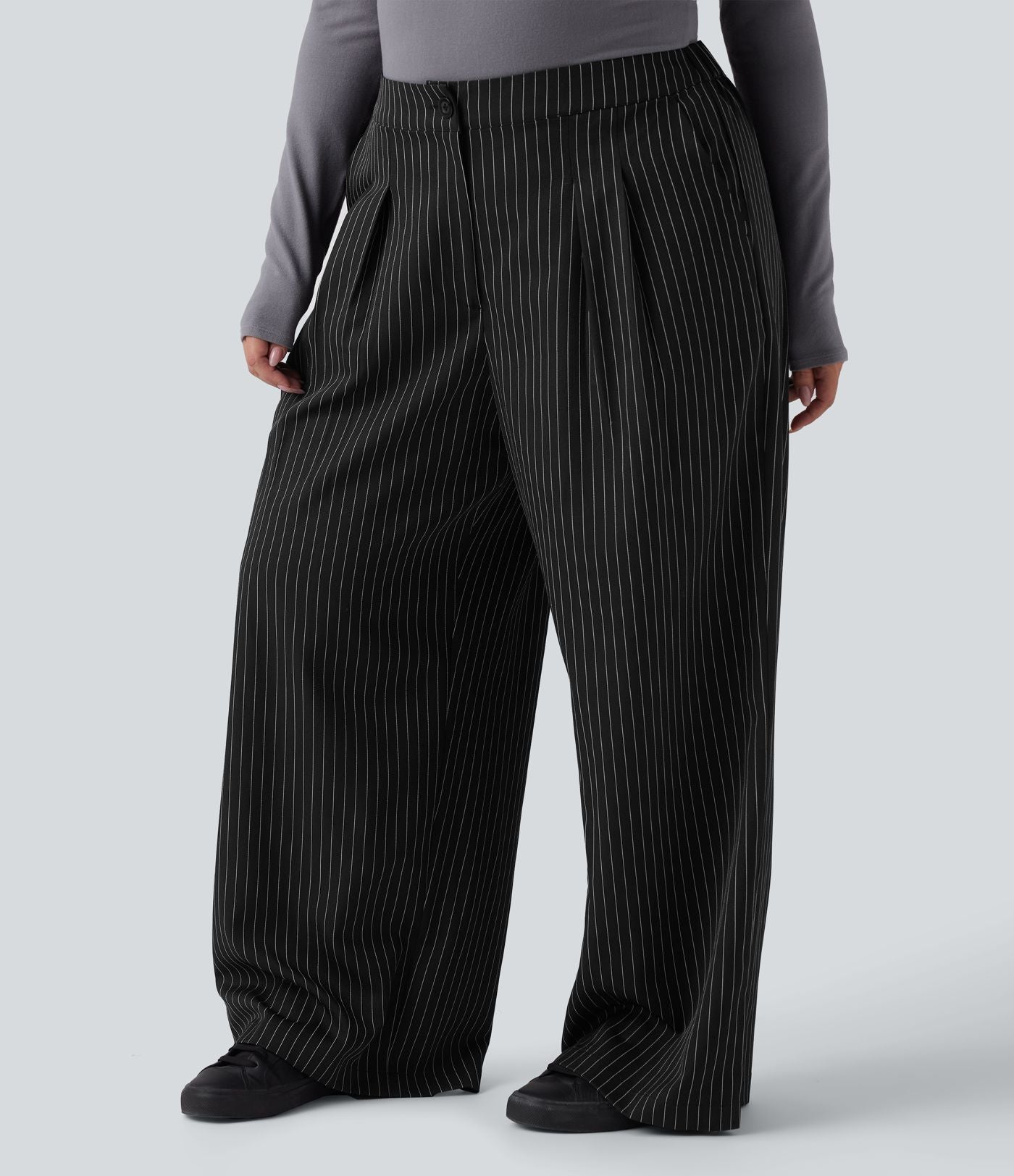 Pantalon tailleur large grande taille taille haute à rayures avec poches