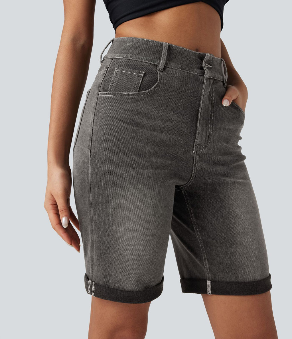 Bermuda décontracté en jean extensible délavé Halara Flex™ taille haute avec revers et multiples poches