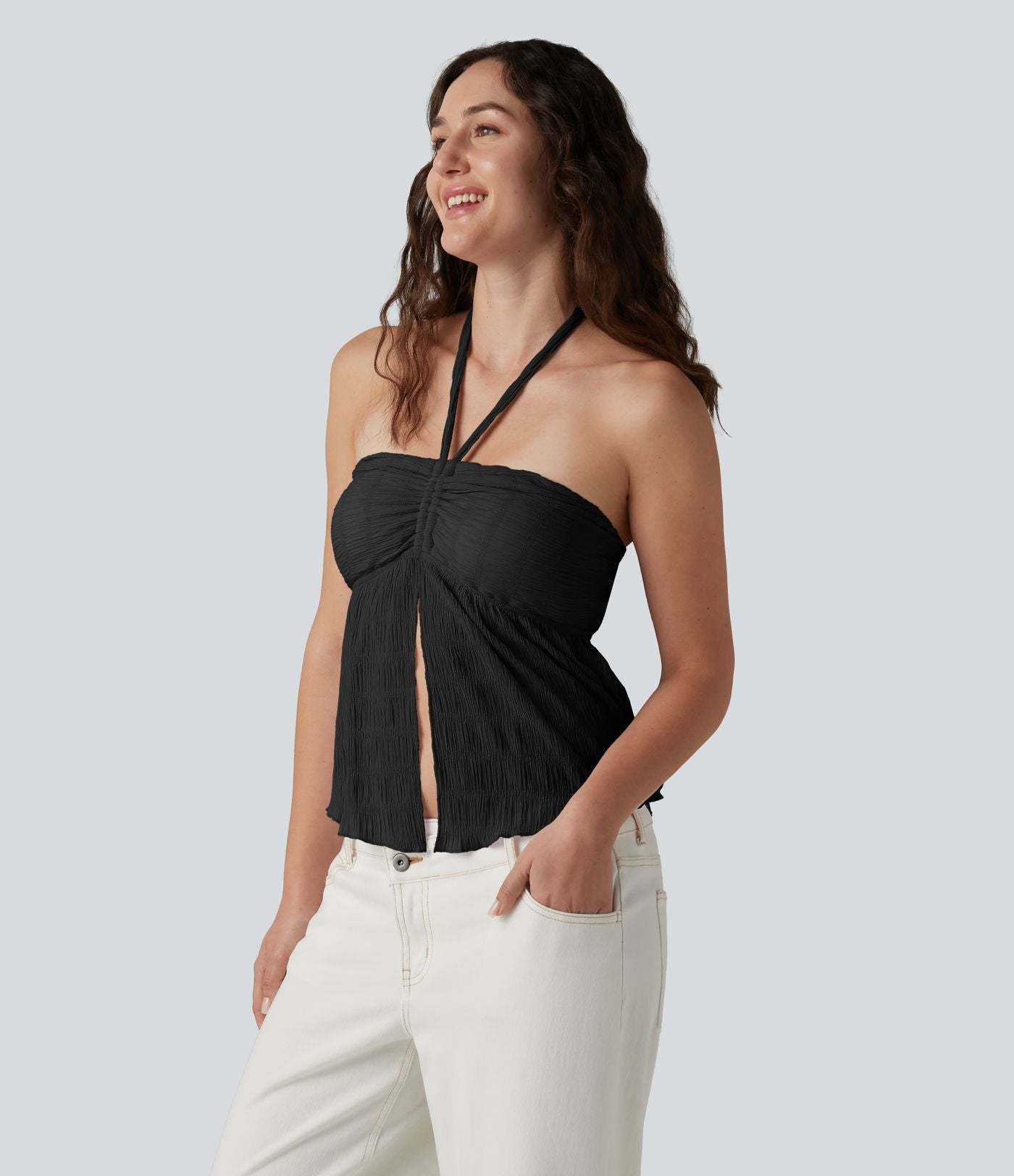 Débardeur dos nu avec soutien-gorge intégré, col licou, lien dans le dos et bordure ondulée
